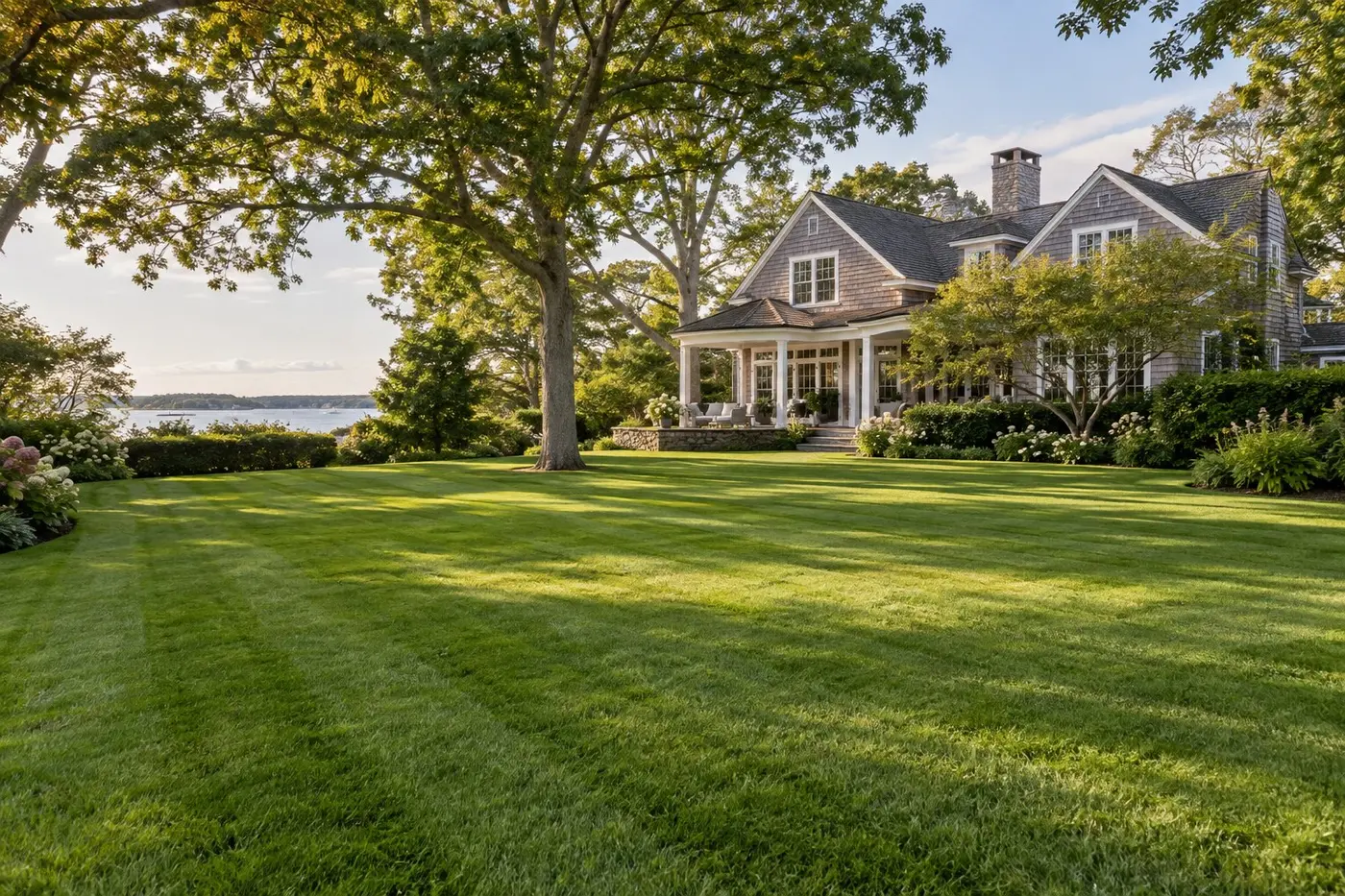 Green lawn beside a coastal-style home