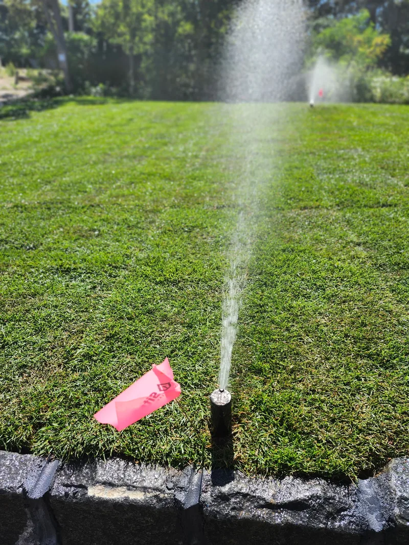 A lawn sprinkler spraying water across green grass beside a planting bed.